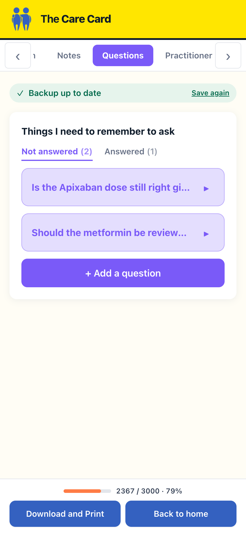 The Care Card app – a carer's list of questions to remember to ask the doctor